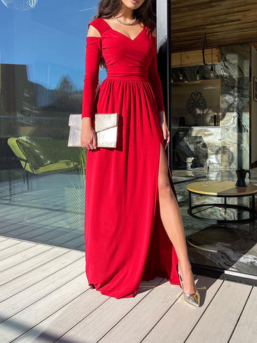 Woochic robe  longue fendu le côté mode de soirée rouge Rouge S
